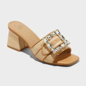 Women's Kathleen Raffia Buckle Block Heels - A New Day Beige 8 - Picture 1 of 4