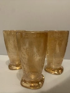 Jeannette Louisa Floragold 5” Glass Tumblers, SET OF 3 Marigold Iridescent - Picture 1 of 9
