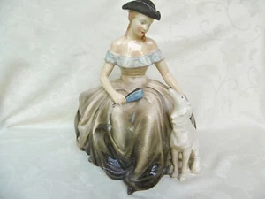 ANCIENNE GRANDE FIGURINE EN BISCUIT BARBOTINE FEMME AVEC LEVRIER - Ht 30 cm - Imagen 1 de 12
