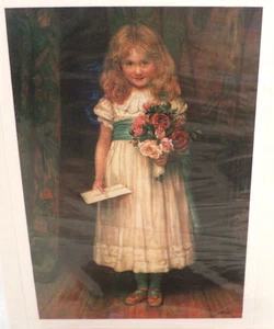 Victorian Lithograph Print Picture "Special Greetings" Girl With Flowers 4" X 6" - Picture 1 of 4