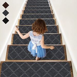 Stair Treads Carpet Non-Slip Indoor 15 PCS Wood Stair Treads Rugs Anti Moving Mo