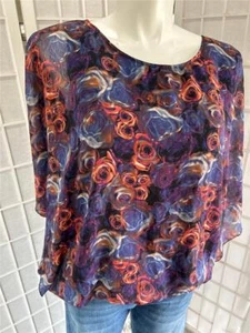 Women's Aqua Blues 1X Deep Blue Floral Print Batwing Sheer Pullover Blouse - Picture 1 of 7