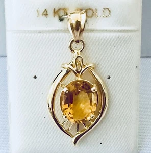 Solid 14K Yellow Gold Leaf Frame Natural Oval Citrine Gemstone Pendant NEW - Picture 1 of 6