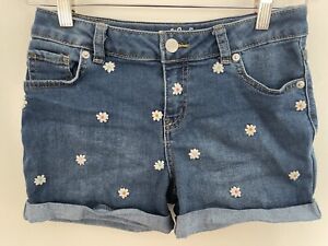 Cat & Jack Kids Girls Embroidered Floral Stretch Adjustable Denim Shorts Blue L