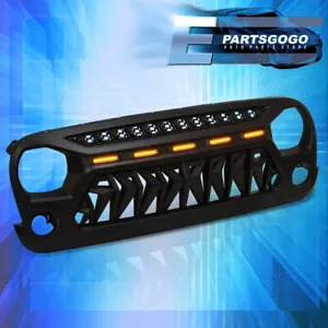 For 07-18 Jeep Wrangler JK JKU Shark Grille Bumper Grill w/ Amber LED DRL Lights - Picture 1 of 4