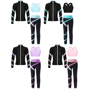 Child Girls Set Yoga Outfit Workout Tracksuits Contrast Color Vest 3Pcs Jacket - Picture 1 of 47