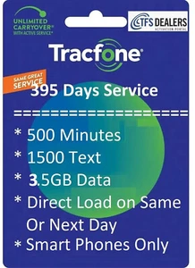 Teléfonos inteligentes TracFone Service Extension 1+ año/395 días + 500 minutos/1500txt/3,5 GB - Imagen 1 de 1