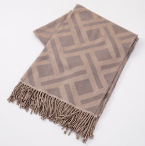 NWT $925 BATTISTI NAPOLI Tan-Brown Geometric Superfine Wool Throw Blanket + Box