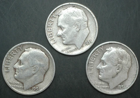 1951-P-D-S Roosevelt Silver Dime year set of 3 coins Cover