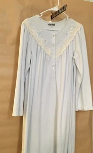 Miss Elaine Long Nightgown Lace Blue Embroidery Long Sleeve Cotton Poly Blend - Picture 1 of 11