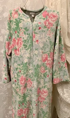 Vintage Miss Elaine Sleepwear  Dress  Robe Pink Green Whit On Blue  Sz xL Zip Up - Image 1 of 4