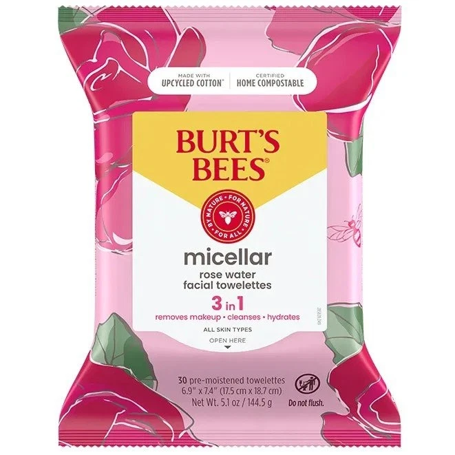 Toalhas faciais micelares 3 em 1 Burt's Bees com água de rosas 30 toalhas - Imagem 1 de 1