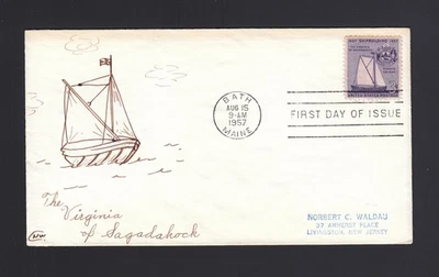 FDC: #1095 1957 3c Ship Building - NORBERT WALDAU Hand Painted  - Image 1 of 2