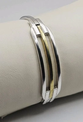 Taxco Sterling Silver Mixed Metal Vintage Native Mexico Hinged Bangle Bracelet - Image 1 of 4