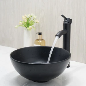 13" Bathroom Ceramic Vessel Sinks Black Round Basin Bowl Combo Faucet Drain Set - Bild 1 von 8