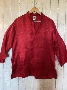 Blusa túnica Natori roja sedosa talla M gran tamaño cuello en V elegante lujo popover - Imagen 1 de 11
