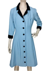 60s Vintage Handmade Light-Blue Black Velvet Trim Button-Down Dress Size S/M - Picture 1 of 8