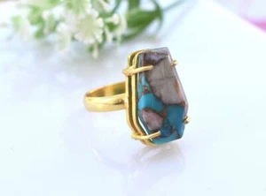 Coffin Ring,Pink Opal Copper Turquoise Ring,925 Sterling Silver,All Size 3 to 14 - Picture 1 of 10