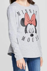 Girls' Disney Minnie Mouse Face Long Sleeve Polka Dot Bow Print T-Shirt Gray Red - Picture 1 of 4
