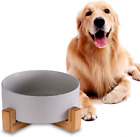 Grey Ceramic Dog Bowls with Wood Stand, Dog Water Bowls and Food Dish, Heavy Wei