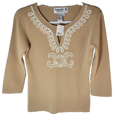 Joseph A Womens Sweater M Beachy Coastal Shells Beige Embroidered Knit Beaded - Image 1 of 4