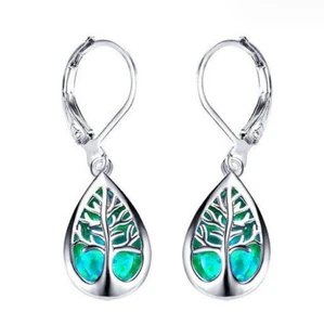 Dazzling Life Tree Teardrop Green Fire Opal Silver Dangle Earrings Holiday Gift - Picture 1 of 8