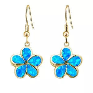 Hawaiian Flower Blue Fire Opal Earrings Golden Filled For Women Girls - Picture 1 of 7