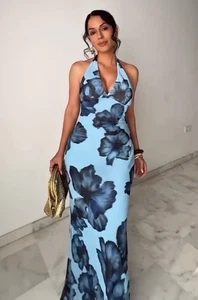 Zara Long Maxi Floral Printed Halter Neck Dress Blues XS S M L XL 3324/309 New - Picture 1 of 24