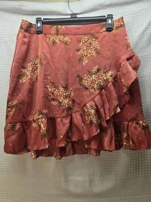 Falda de rodilla grande LC Lauren Conrad coral con volantes imitación envoltura Foto 1 de 4