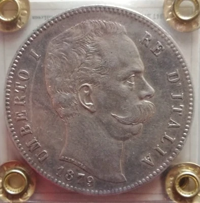 RARISSIMA R3 - 5 LIRE 1879 VARIANTE FEKT SU BORDO - PERIZIATA BB/SPL - ARGENTO - Immagine 1 di 4