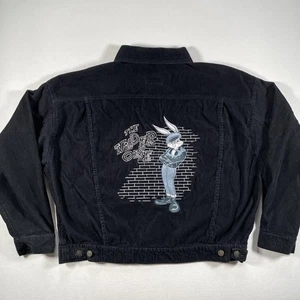 Vintage Looney Tunes Jacket Mens XL Black Corduroy Bugs Bunny 50s Greaser 90s - Picture 1 of 10