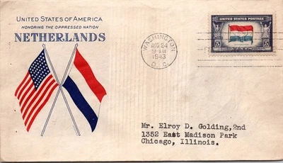 GOLDPATH: US COVER 1943 WASHIGNTON,DC.FDC.NETHERLANDS,FLAG. CV871_P28 - Image 1 of 2