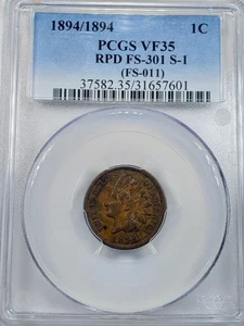 1894/94 Indian Cent RPD FS-301 S-1 PCGS VF35 - Picture 1 of 5