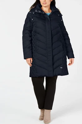 Abrigo acolchado Kenneth Cole V4703 talla grande ribete de piel sintética con capucha azul marino talla 3X Foto 1 de 3