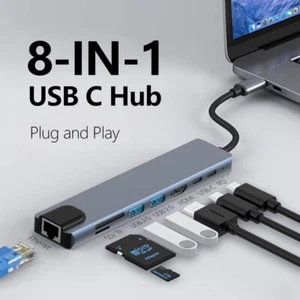 8in1 USB-C 3.1 To Type-C USB 3.0 Hub HDMI RJ45 Ethernet Micro SD TF OTG Adapter - Picture 1 of 7