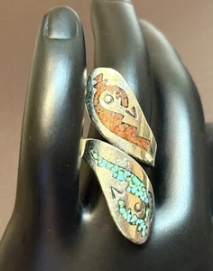 Vintage Turquoise And Coral Inlay Bypass Ring Southwest Sterling Silver Sz 6 - Picture 1 of 6