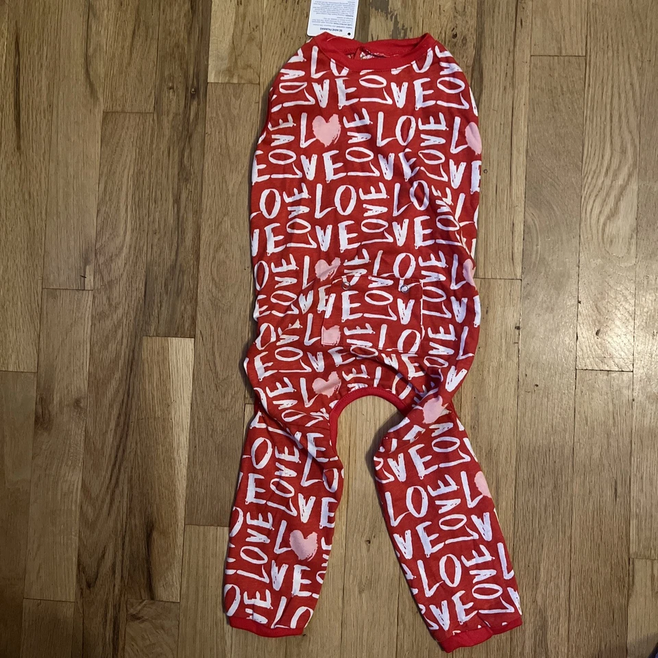 Top Paw Red Pink White Love Print Dog Long Johns Tail Pajamas Size M Medium NWT - Image 1 of 4