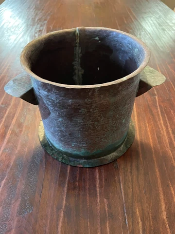 Antique Handmade Hammered Copper Verdigris Arts & Crafts Planter Pot; 6”x 7” Cover