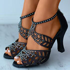 Hot Womens Rhinestones Peep Toe Sandals Ankle Strap Block High Heels Party Shoes