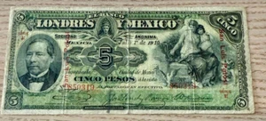1910 MÉXICO BANKNOTE 5 PESOS BANCO DE LONDRES Y MEXICO BRANCH SAN LUIS POTOSI - Picture 1 of 2