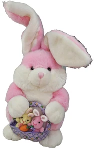 Pink White Mom Bunny Rabbit with 2 baby bunnies in Basket appx 13" ADORABLE - Picture 1 of 6