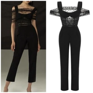 Rasario Draped Crepe Tulle Swiss Polka Dot Jumpsuit Black US 4 Cocktail Formal - Picture 1 of 7