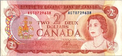 VINTAGE CANADA BANKNOTE 1974 2  DOLLAR PREFIX AGT NO465 - Image 1 of 2
