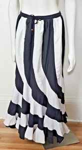 Step In Style Women's Black & White Striped Swirl Ruffle Maxi Retro Skirt- OSFM - Picture 1 of 10