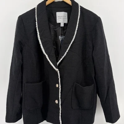 NUEVA Chaqueta Blazer Susan Graver Negra Texturizada Cuello Tweed Ribete Para Mujer Talla 22 Foto 1 de 4