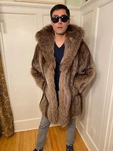 New Real 33" Long Mens Silver Tipped Raccoon Fur Jacket / Coat Size 36R X-Small - Picture 1 of 10