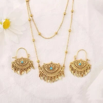 Brincos asiáticos folheados a ouro 22k folheados a ouro borlas corrente pingente colar conjunto de joias - Imagem 1 de 4