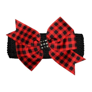 WD2U Girls 5" Red Black Buffalo Plaid Rhinestone Hair Bow Wide Headband - Picture 1 of 3