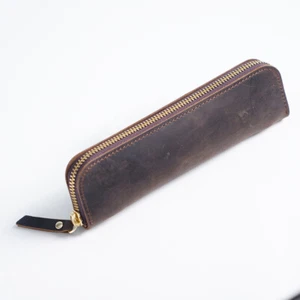 Vintage Genuine Leather Pencil Case Zipper Pen Pouch School Stationery Storage - Picture 1 of 18