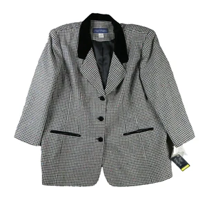 Maggie McNaughton 22W Womens Black Velvet Wool Suit Jacket Blazer Houndstooth - Picture 1 of 14